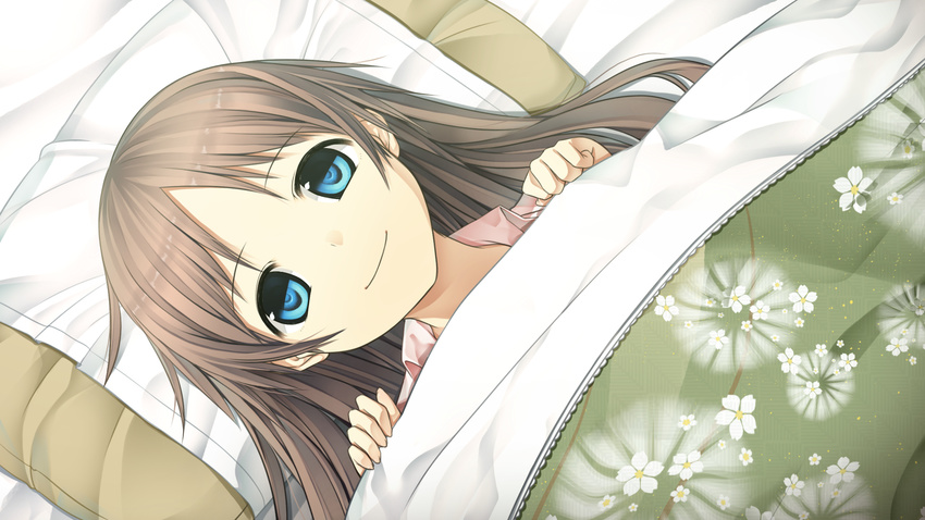 bangs blue_eyes brown_hair cura game_cg highres long_hair looking_at_viewer monobeno parted_bangs sawai_natsuha smile solo under_covers