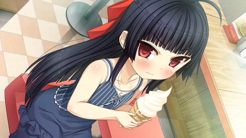 3: ahoge bangs black_hair blush casual checkered checkered_floor child crescent cura dress dutch_angle food frills game_cg highres ice_cream ice_cream_cone indoors jewelry long_hair monobeno necklace red_eyes seishin_himemiya sitting soft_serve solo striped v-shaped_eyebrows vertical_stripes