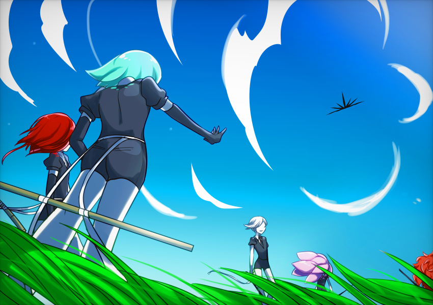 5others absurdres androgynous aqua_hair blue_sky cloud crystal_hair elbow_gloves from_below gem_uniform_(houseki_no_kuni) gloves goshenite_(houseki_no_kuni) grass highres houseki_no_kuni long_hair morganite_(houseki_no_kuni) multiple_others necktie outdoors outstretched_arm padparadscha_(houseki_no_kuni) phosphophyllite pink_hair red_hair scenery shinsha_(houseki_no_kuni) short_hair silver_hair sky sword weapon white_hair white_skin