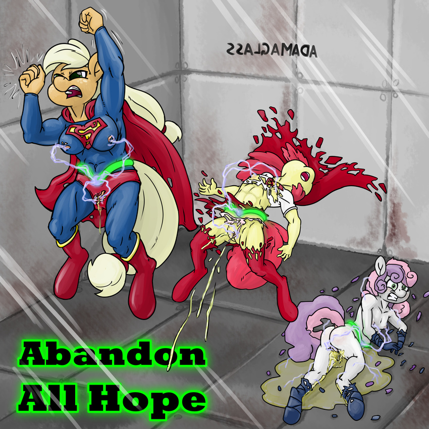 abs apple_bloom_(mlp) applejack_(mlp) camel_toe cosplay crossover electricity friendship_is_magic genital_torture mare_do_well muscles my_little_pony nipples peee peeing pussy rubber smudge_proof superfilly supergirl superman supermare sweetie_bell urine watersports