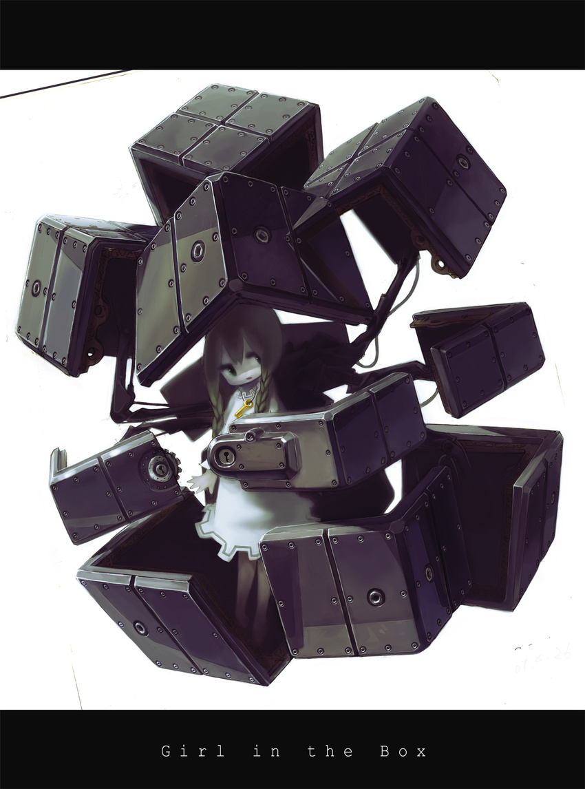 box dress green_eyes highres hiruki in_box in_container key letterboxed original solo white_dress