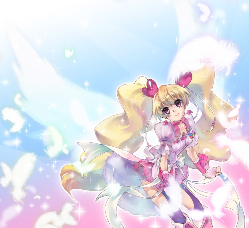 angel_wings blonde_hair bow choker cure_angel_(fresh_precure!) cure_peach feathers fresh_precure! hair_ornament heart heart_hair_ornament long_hair magical_girl momozono_love pink_bow pink_choker precure solo twintails u_to_i very_long_hair wings