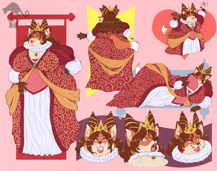 &lt;3 anthro big_breasts big_butt breasts brooch brown_hair butt cake canine chibi chubby cleavage clothed clothing crown dress fan female food fork fox fur hair huge_breasts huge_butt lipstick mammal myan_(artist) overweight red_fur ring smile solo