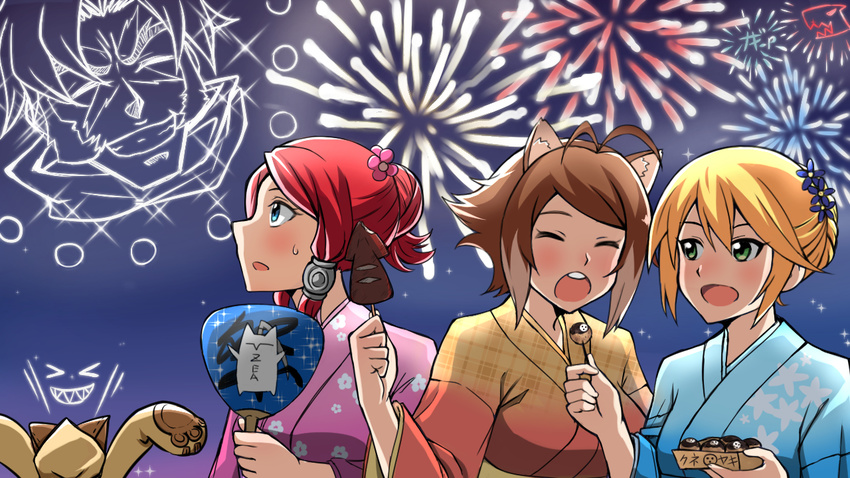 &gt;_&lt; alternate_hair_length alternate_hairstyle animal_ears animal_hood antenna_hair bangs blazblue blonde_hair blue_eyes blush brown_hair buck_teeth cameo cat_hood closed_eyes fan feeding festival fireworks flower food gloves green_eyes hair_between_eyes hair_bun hair_flower hair_ornament hair_tubes hood ikayaki japanese_clothes kimono makoto_nanaya multicolored_hair multiple_girls naginoya noel_vermillion obi open_mouth paper_fan paw_gloves paws red_hair sash sharing_food shishigami_bang sideways_mouth squid squirrel_ears sweatdrop swept_bangs takoyaki taokaka tsubaki_yayoi two-tone_hair uchiwa