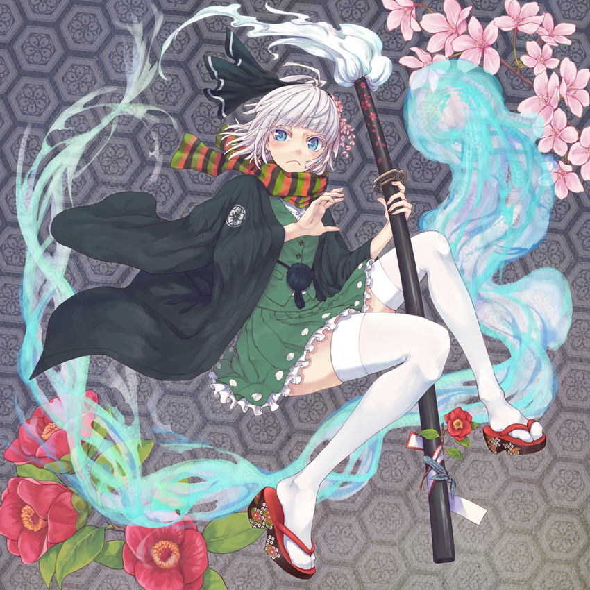 blue_eyes cherry_blossoms hair_ribbon highres katana konpaku_youmu konpaku_youmu_(ghost) looking_at_viewer md5_mismatch mumulatte ribbon scarf shirt silver_eyes skirt skirt_set solo sword thighhighs thighs touhou uneven_eyes vest weapon white_legwear zettai_ryouiki