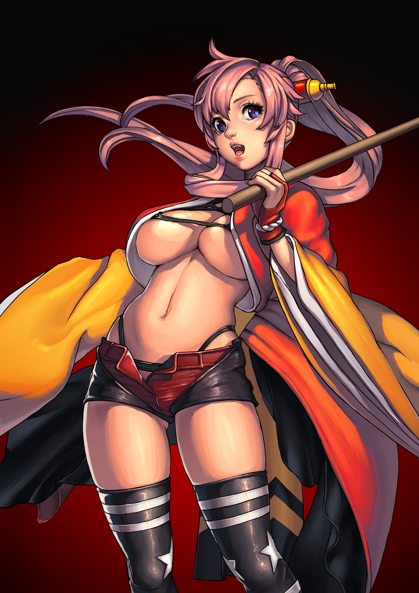 absurdres bad_id bad_pixiv_id black_legwear blue_eyes blush breasts cape fang gradient gradient_background hair_ornament highres hyakka_ryouran_samurai_bride hyakka_ryouran_samurai_girls large_breasts long_hair maeda_keiji_(hyakka_ryouran) navel oinari_risuru open_mouth pink_hair pole ponytail red_background short_shorts shorts solo star thighhighs underboob