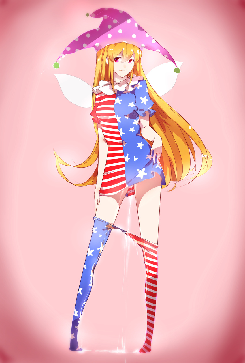 :p american_flag_dress american_flag_legwear bangs blonde_hair chun_lanlanlan clownpiece contrapposto full_body hair_between_eyes hat highres jester_cap long_hair looking_at_viewer older pantyhose pantyhose_pull pee peeing peeing_self red_eyes smile solo standing striped striped_legwear tareme tongue tongue_out touhou very_long_hair