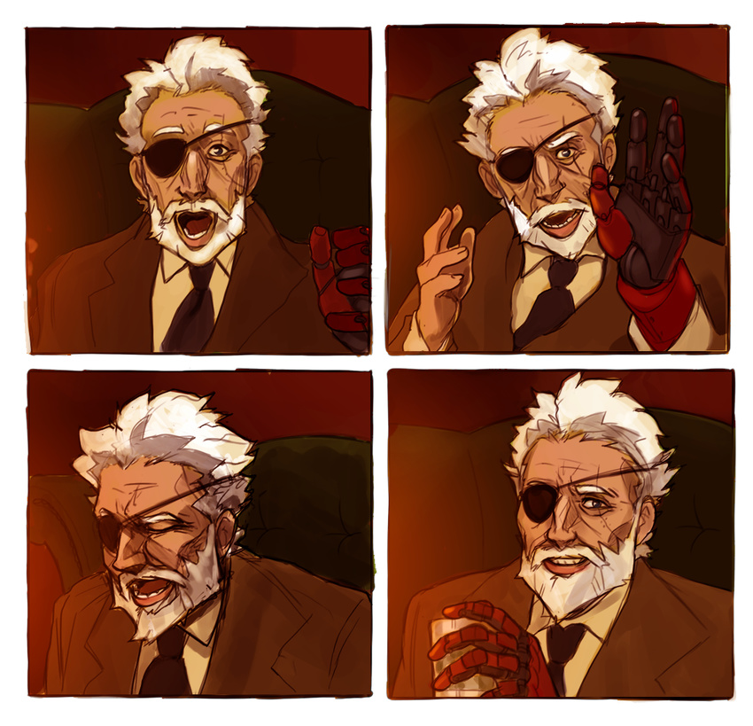 amano-g beard comic commentary cyborg eyepatch facial_hair male_focus mechanical_arm metal_gear_(series) mustache old_man older parody scar scar_across_eye silent_comic solo venom_snake white_hair