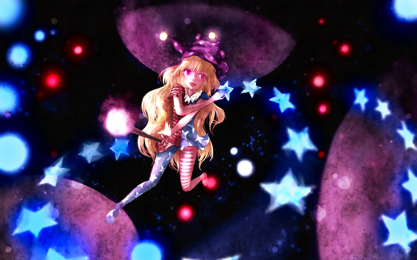 american_flag_dress american_flag_legwear bad_id bad_pixiv_id bangs blonde_hair clownpiece commentary danmaku dyolf floating glowing glowing_eyes hat highres jester_cap levitation long_hair looking_at_viewer open_hand open_mouth purple_eyes sketch smile solo space star torch touhou very_long_hair