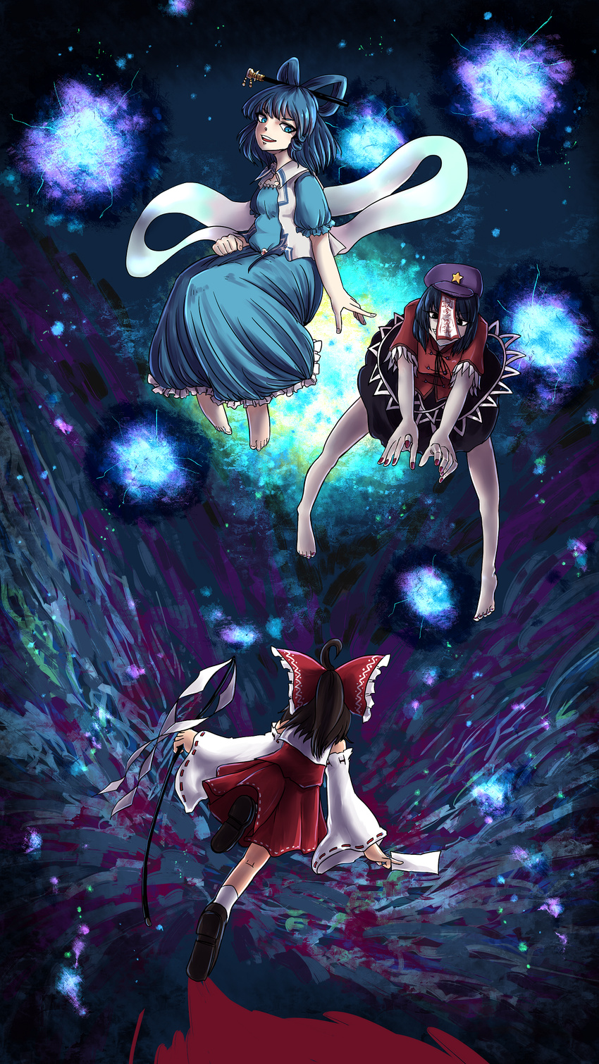 absurdres barefoot blue_eyes blue_hair bow brown_hair commentary_request detached_sleeves dress flying hair_bow hair_ornament hair_stick hakurei_reimu hat highres jiangshi kaku_seiga miyako_yoshika multiple_girls nail_polish ofuda open_mouth outstretched_arms ponytail shawl shoes short_hair sitting skirt socks spell_card toluda touhou