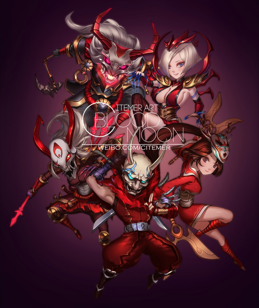 3girls akali alternate_costume armor blood_moon_akali blood_moon_elise blue_eyes brown_eyes brown_hair citemer elise_(league_of_legends) glowing glowing_eyes greaves highres kalista league_of_legends mask multiple_girls ninja red_legwear shen sword thresh weapon white_hair