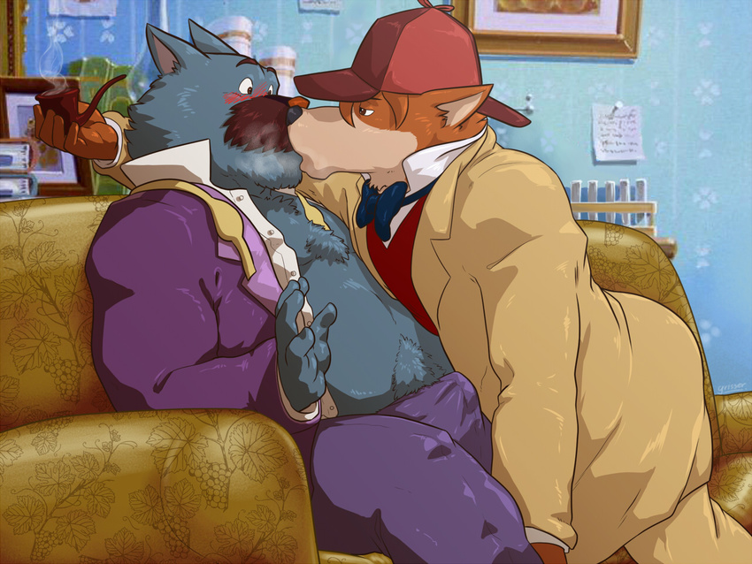 anthro blush bulge canine chubby clothing dog duo fur grisser hat kissing male male/male mammal open_shirt pipe sherlock_hound sherlock_hound_(series) shirt sitting smoke tenting watson