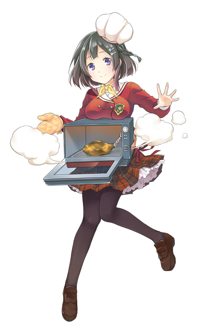 absurdres black_hair breasts chef_hat hair_ornament hairclip hat highres kaden_shoujo knees_together_feet_apart loafers medium_breasts official_art oven_mitts pantyhose personification purple_eyes school_uniform serafuku shoes smile solo steam toaster_oven