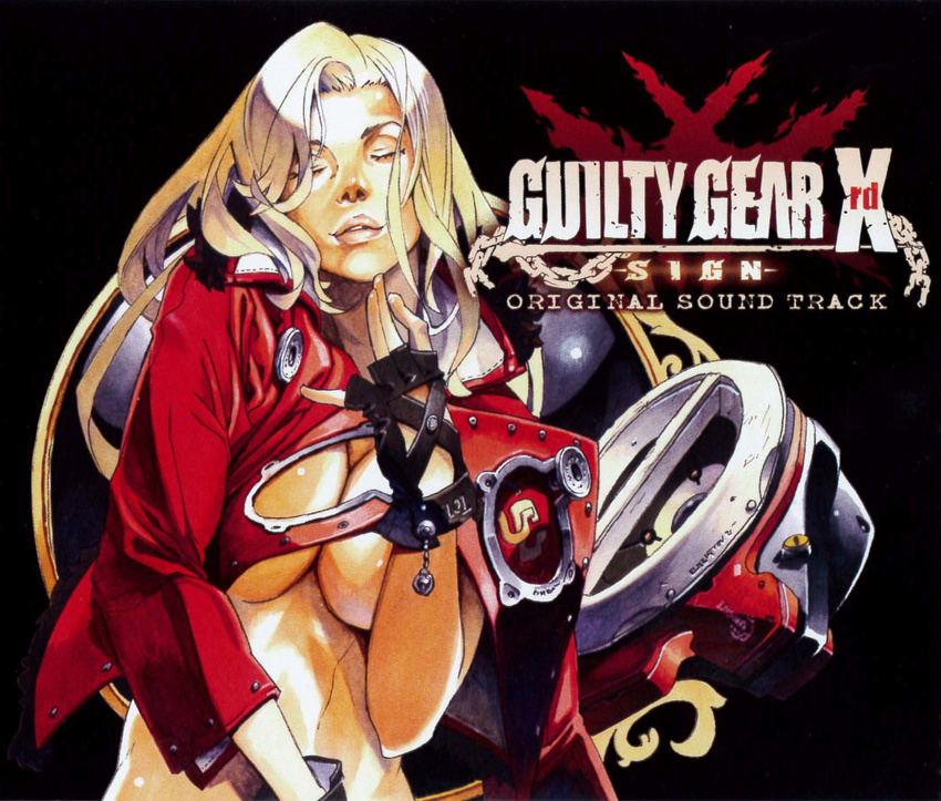 album_cover between_legs blonde_hair bottomless breasts cleavage cover fingerless_gloves gloves guilty_gear guilty_gear_xrd hand_between_legs highres ishiwatari_daisuke large_breasts lips long_hair midriff millia_rage no_bra nose official_art out-of-frame_censoring solo underboob
