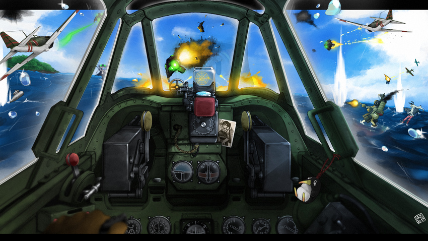 aerial_battle aircraft airplane battle blue_sky bullet_trail character_doll cloud cockpit commentary_request crosshair day dogfight enemy_aircraft_(kantai_collection) explosion failure_penguin firing flying harumiya_hiro highres horizon kaga_(kantai_collection) kantai_collection kitakami_(kantai_collection) lever ocean ornament perspective photo_(object) pov shimakaze_(kantai_collection) sky smoke throttle wo-class_aircraft_carrier