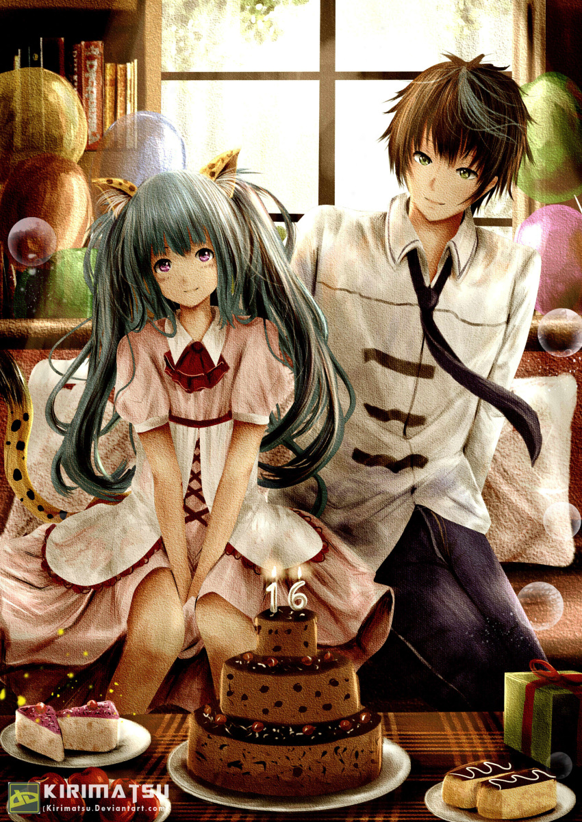 1boy 1girl absurdres animal_ears aqua_hair artist_name bangs between_legs black_neckwear brown_hair bubble cake cat_ears closed_mouth collared_shirt commentary day deviantart_username dress english_commentary food gift green_eyes hand_between_legs hatsune_miku highres kirimatsu layered_cake long_hair long_sleeves necktie pink_dress plate purple_eyes shirt slice_of_cake smile sunlight v_arms very_long_hair vocaloid watermark web_address white_shirt wing_collar