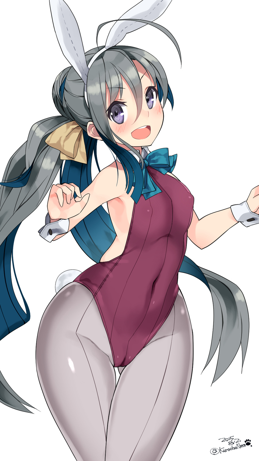 :d adapted_costume ahoge animal_ears bare_shoulders blue_bow blush bow bowtie breasts bunny_ears bunny_tail bunnysuit cameltoe covered_navel covered_nipples cowboy_shot dated fake_animal_ears fake_tail front-seamed_legwear grey_hair hair_ribbon hairband highres kantai_collection kiyoshimo_(kantai_collection) kuro_chairo_no_neko long_hair medium_breasts open_mouth pantyhose paw_print purple_hair ribbon seamed_legwear silver_legwear simple_background smile solo tail thigh_gap twintails twitter_username v-shaped_eyebrows white_background wide_hips wrist_cuffs yellow_ribbon