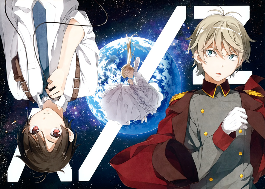 2boys absurdres aldnoah.zero asseylum_vers_allusia blonde_hair blue_eyes brown_hair double-breasted dress earth gloves grey_hair highres jacket_on_shoulders kaizuka_inaho kantoku long_hair multiple_boys necktie red_eyes sanpaku scan shirt short_hair slaine_troyard space uniform upside-down