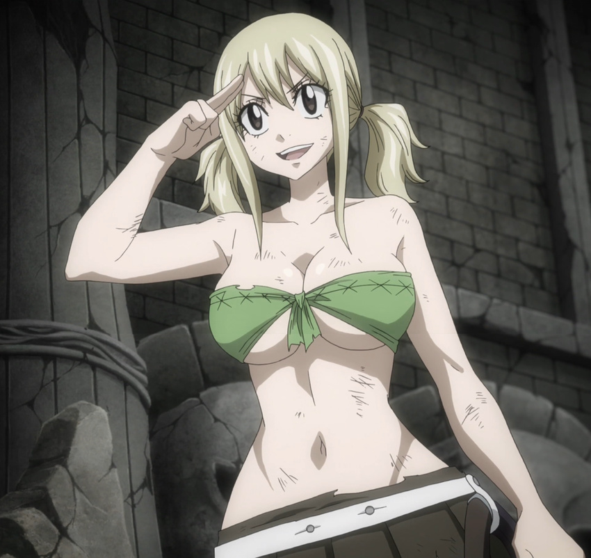 1girl blonde_hair breasts brown_eyes cleavage dirty fairy_tail female happy_face highres large_breasts long_hair lucy_heartfilia navel open_mouth screencap solo standing stitched underboob