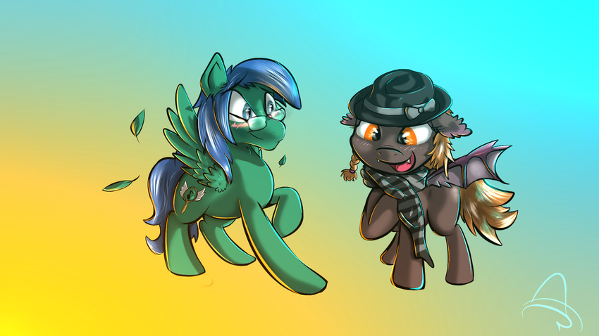 2015 bat_pony bat_wings blue_hair blush clothed clothing cute cutie_mark duo equine eyewear fan_character feathers female folded_ears fur glasses green_fur hair half-dressed hat hi_res male mammal my_little_pony n-prophet open_mouth pegasus scarf simple_background wing_boner wings