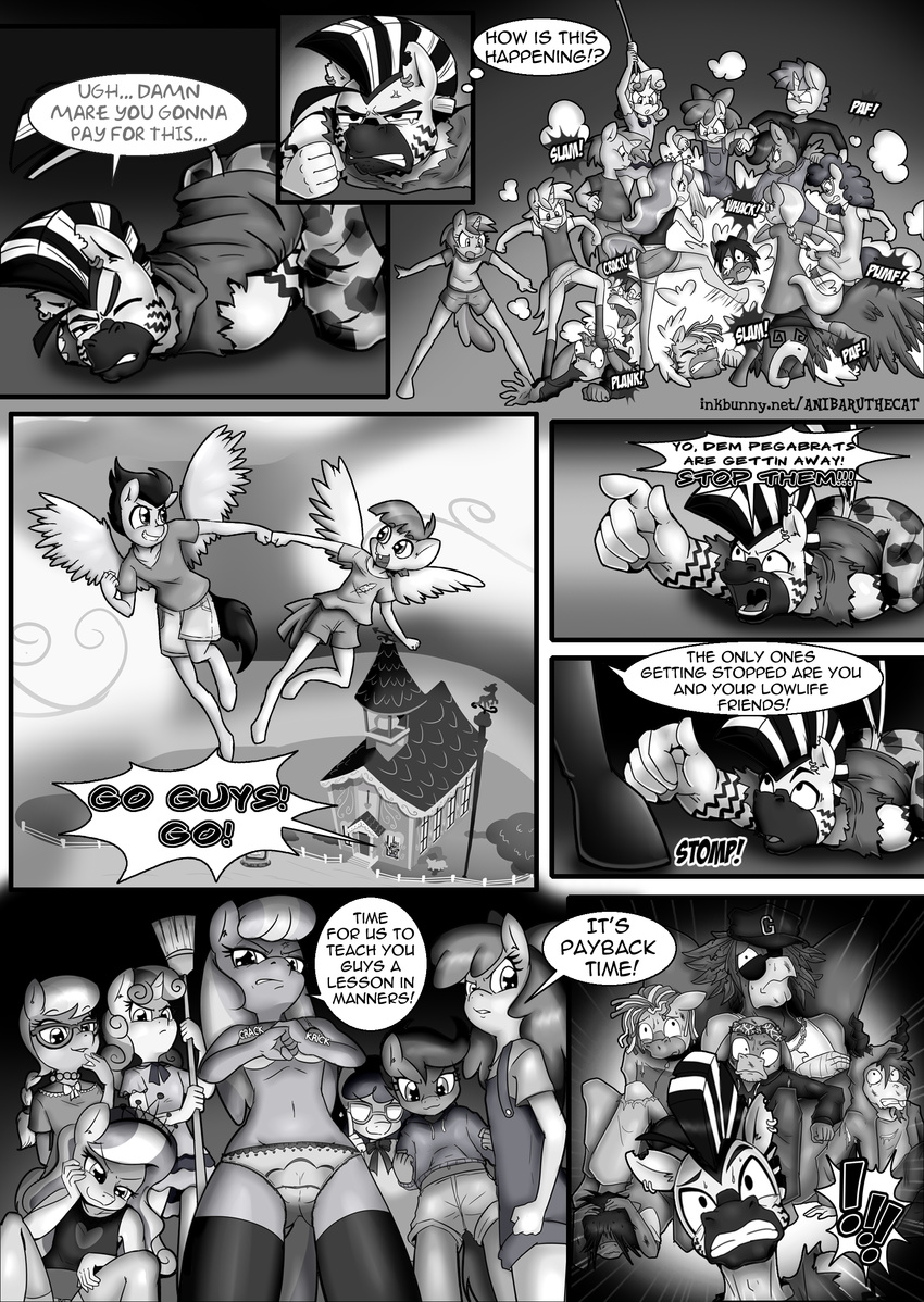 !!! 2015 absurd_res angry anibaruthecat anthro anthrofied apple_bloom_(mlp) arms_above_head avian beak bow bra broom camel_toe caprine cheerilee_(mlp) clothing comic crouching cutie_mark_crusaders_(mlp) dialogue diamond_tiara_(mlp) dinky_hooves_(mlp) donkey dress ear_piercing earth_pony english_text equine eyewear feathered_wings feathers featherweight_(mlp) female fence fist_bump flying friendship_is_magic glasses goat greyscale grin group gryphon hair half-closed_eyes hand_on_head hat hi_res holding horn horse kick legwear long_hair lying male mammal monochrome my_little_pony navel on_front one_eye_closed open_mouth outside panties pegasus piercing pointing pony ruby_pinch_(mlp) rumble_(mlp) school scootaloo_(mlp) shirt shorts silver_spoon_(mlp) snails_(mlp) snips_(mlp) sound_effects standing stomping student sunglasses sweat sweetie_belle_(mlp) teacher text thigh_highs tiara tongue torn_clothing twist_(mlp) underwear unicorn wings young zebra