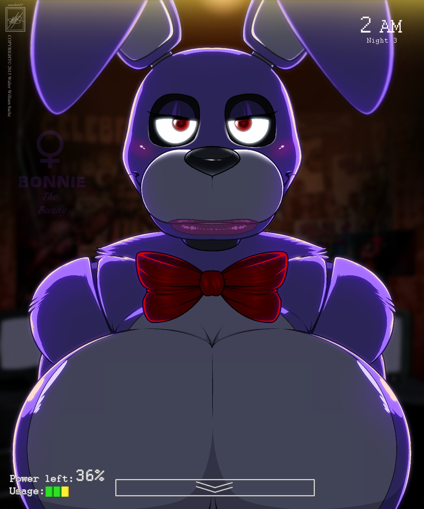 2015 animatronic anthro big_breasts black_nose blush bonnie_(fnaf) bow breasts female five_nights_at_freddy's floppy_ears fur hi_res huge_breasts inside lagomorph lips looking_at_viewer machine mammal purple_fur rabbit red_eyes robot smile solo video_games walter_sache white_fur