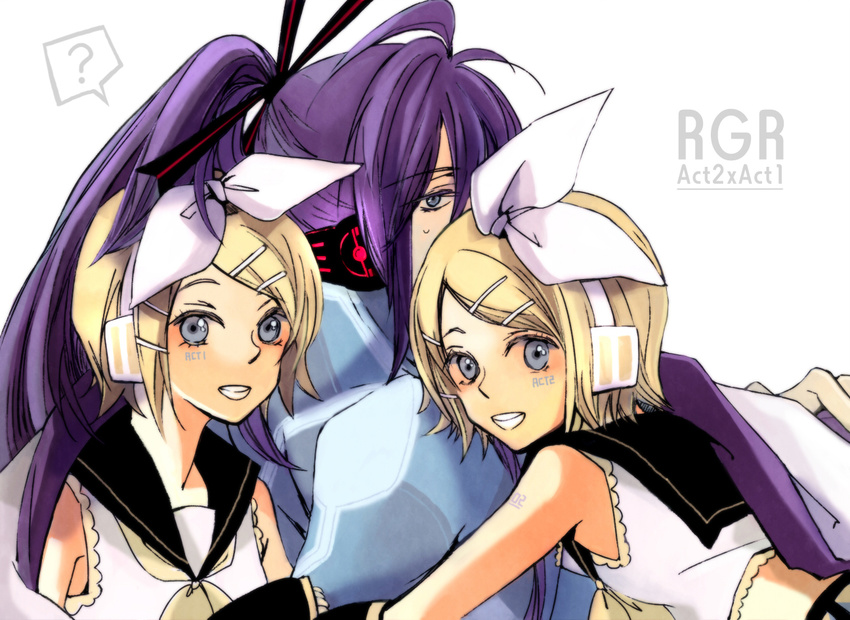 1girl age_difference blonde_hair bow kagamine_rin kamui_gakupo long_hair nia_(four_winds) purple_hair short_hair simple_background smile tattoo vocaloid