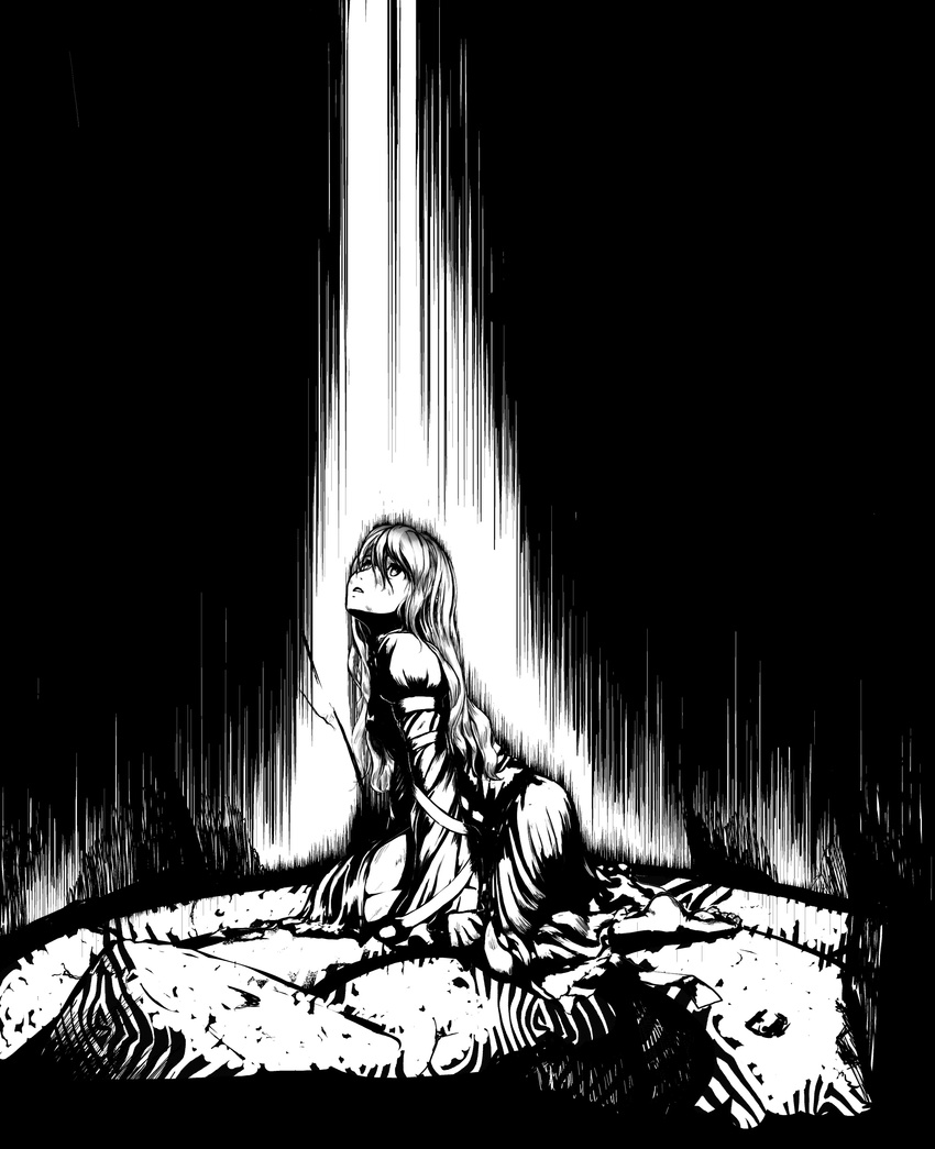 absurdres barefoot greyscale high_contrast highres hijiri_byakuren kneeling looking_up monochrome solo touhou usuishiki