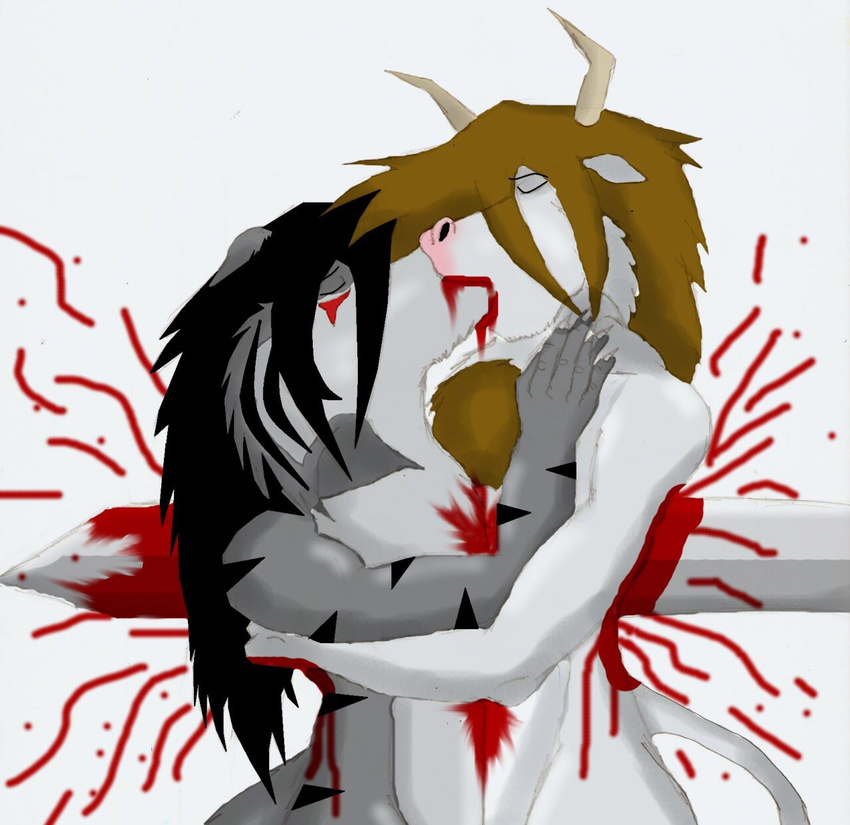 2009 black_hair blood bovine brown_hair cattle death duo eyes_closed fur gore grey_fur grotesque_death hair hand_on_chest horn hug kissing male male/male mammal markings melee_weapon simple_background sword tigerwolf weapon white_background white_fur wolfgerlion64