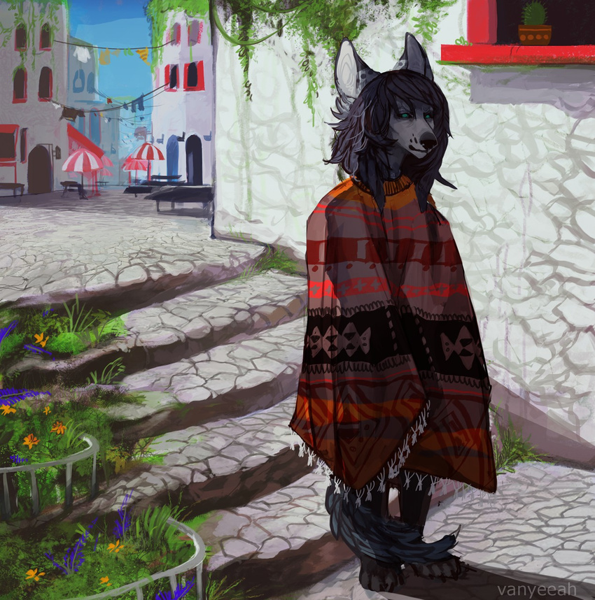 ambiguous_gender anthro black_fur black_hair black_nose blanket canine city detailed_background dog fur grey_fur hair long_hair looking_at_viewer mammal multicolored_fur solo stairs standing suspicious two_tone_fur w22374 window