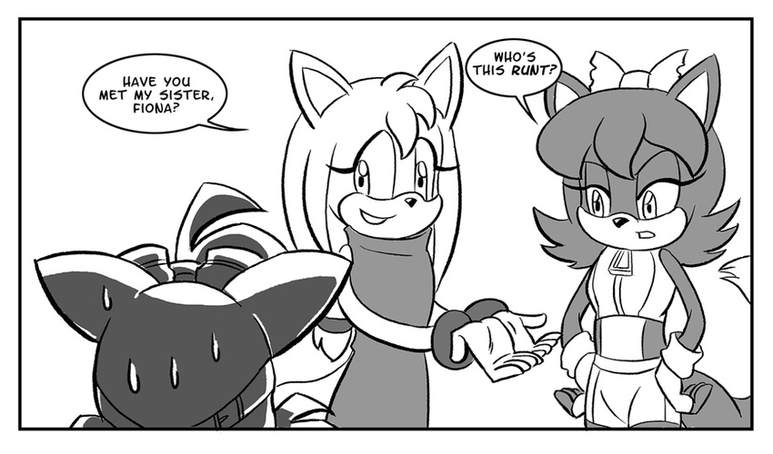 archie_comics bow chauvels dialogue english_text female fiona_fox male miles_prower sibling sisters sonic_(series) sonic_boom sweat text zooey_the_fox