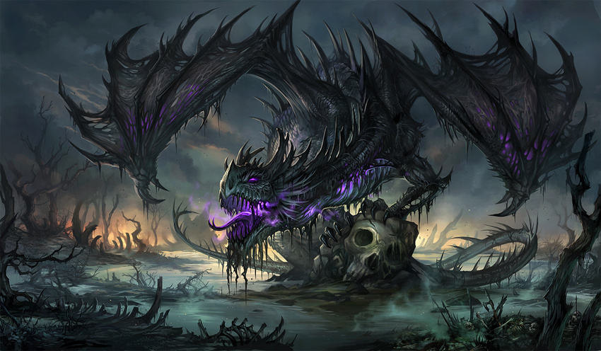 bioluminescence black_scales bone claws cloud compression_artifacts detailed_background dragon feral forked_tongue glowing glowing_eyes outside purple_eyes purple_tongue roaring sandara scalie skeleton skull sky swamp toe_claws tongue tongue_out tree wasteland water