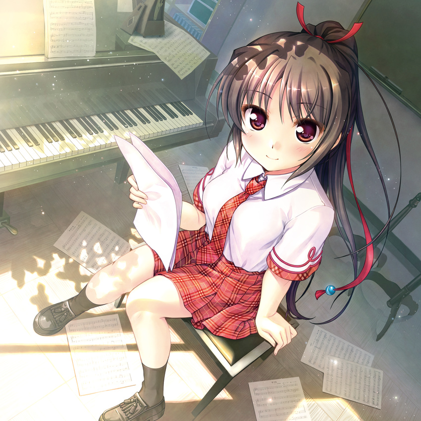 bekkankou bench brown_hair daitoshokan_no_hitsujikai highres holding holding_paper instrument loafers long_hair looking_at_viewer music_stand necktie paper papers piano plaid plaid_neckwear plaid_skirt sakuraba_tamamo school_uniform sheet_music shoes sitting_on_bench skirt smile socks solo