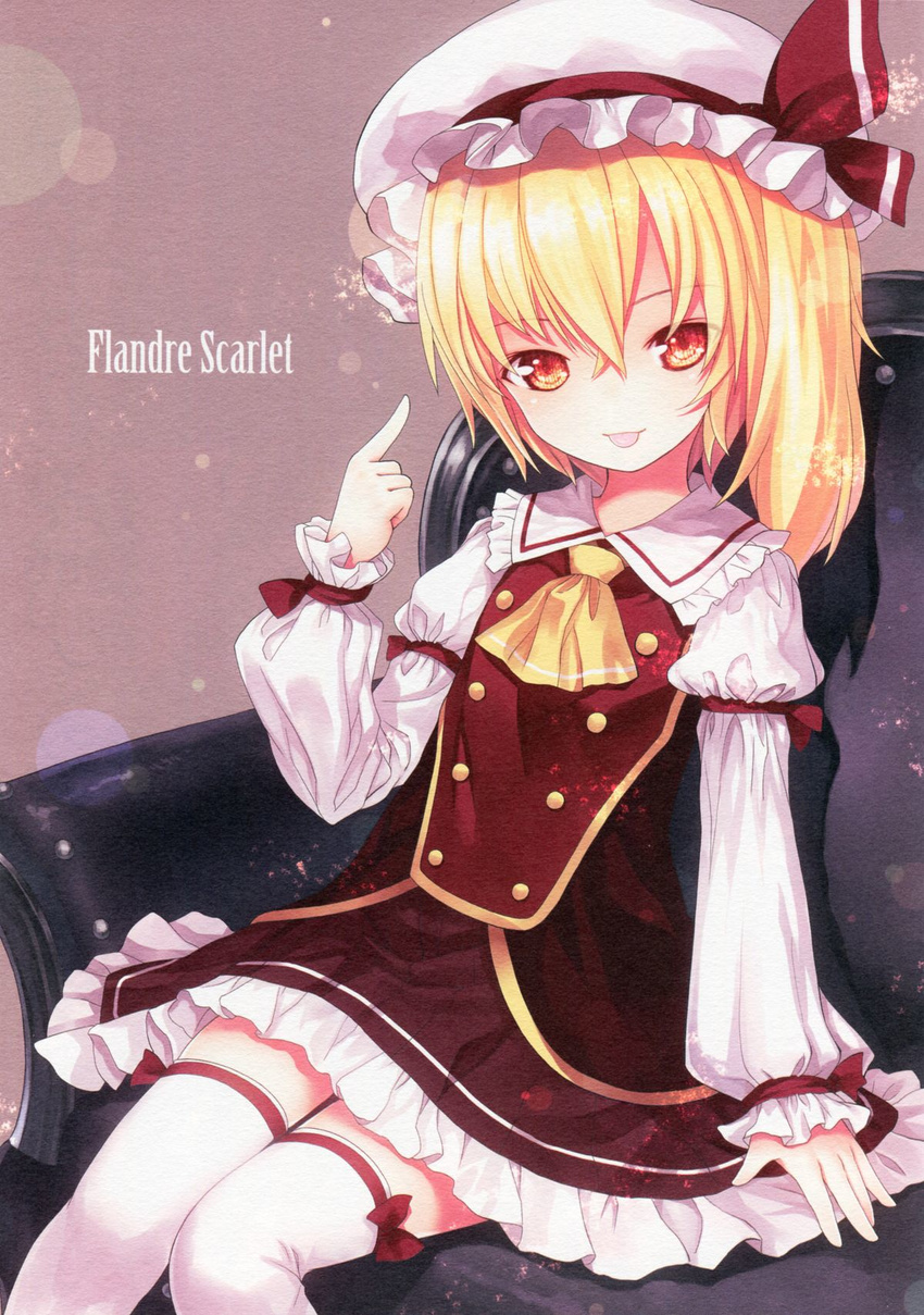 :p adapted_costume alternate_costume ascot blonde_hair character_name dress flandre_scarlet hat hat_ribbon highres kiira long_sleeves looking_at_viewer mob_cap no_wings non-web_source puffy_sleeves red_eyes ribbon scan scan_artifacts short_hair side_ponytail sitting smile solo thighhighs tongue tongue_out touhou white_legwear zettai_ryouiki