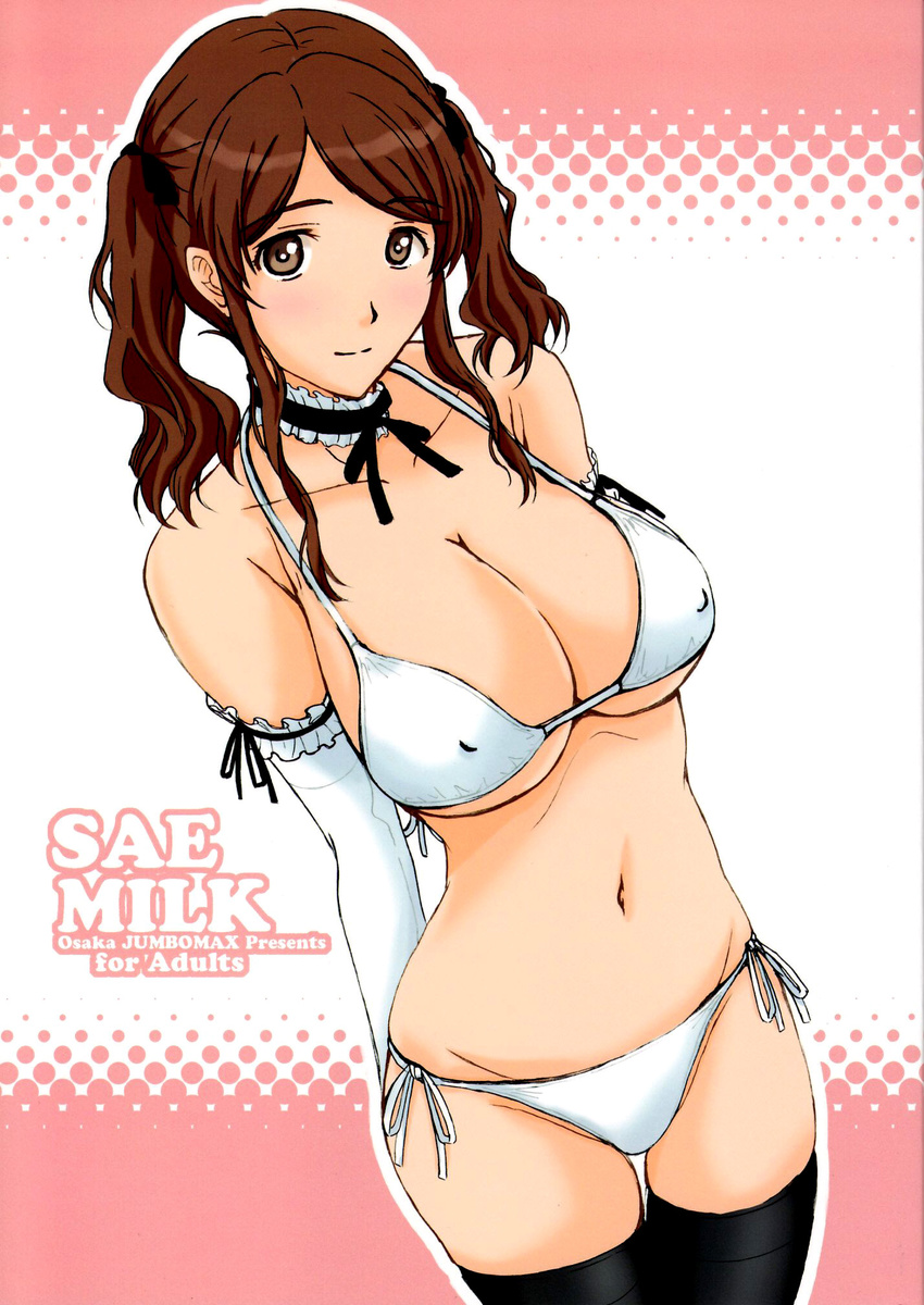 amagami bikini breasts brown_eyes brown_hair cleavage covered_nipples elbow_gloves gloves halterneck highres ishihara_souka large_breasts nakata_sae navel non-web_source ribbon scan side-tie_bikini skindentation solo swimsuit text_focus thigh_gap twintails underboob white_bikini