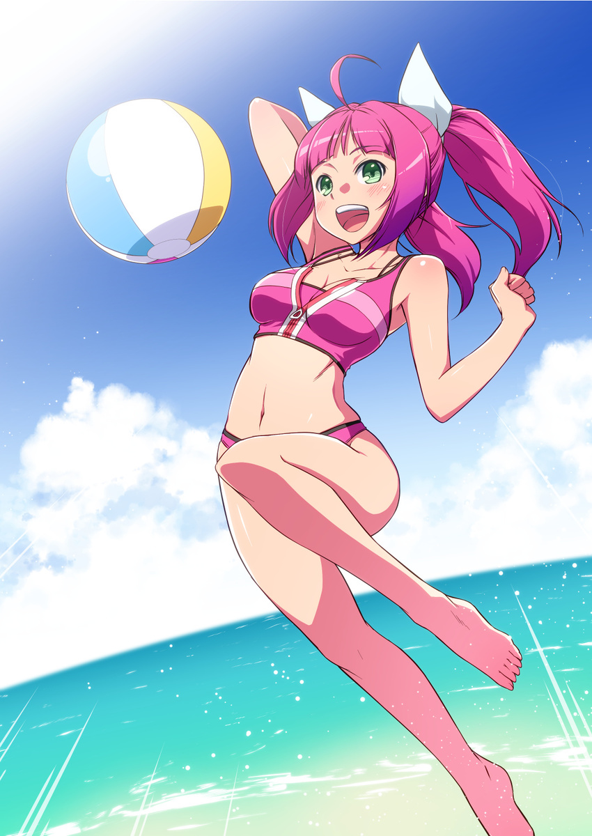 :d ahoge bad_id bad_pixiv_id barefoot beach bikini cloud day feet green_eyes highres jumping light long_hair navel ocean open_mouth outdoors pink_eyes pink_hair pink_swimsuit ryo-ma sky smile solo swimsuit toes umi_monogatari urin_(umi_monogatari) volleyball water