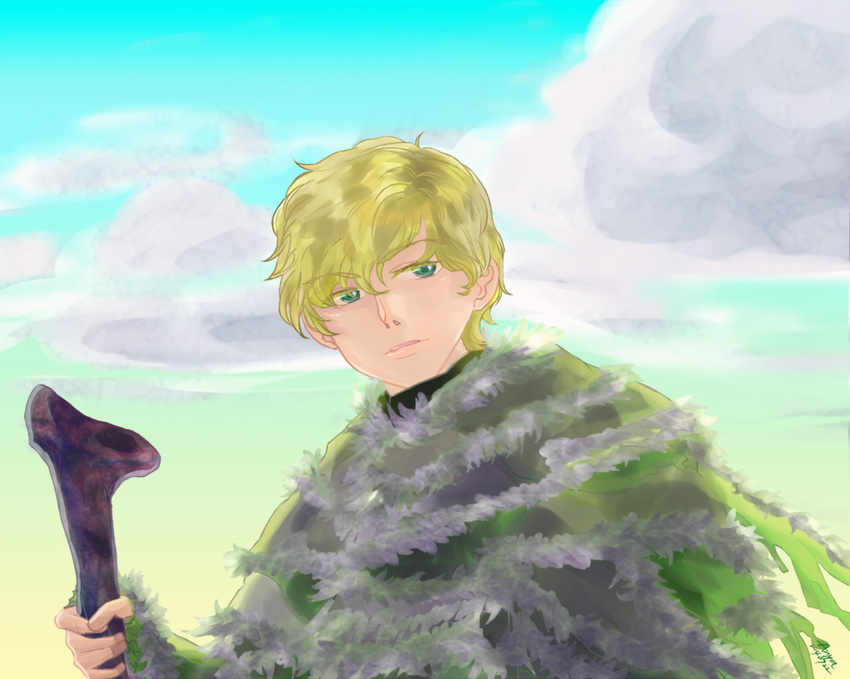 a_song_of_ice_and_fire blonde_hair cape green_eyes highres jojen_reed male_focus solo staff