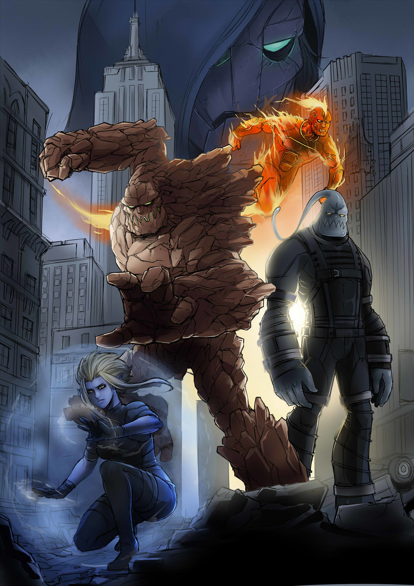 1girl ben_grimm brand_(league_of_legends) commentary cosplay evelynn exaxuxer fantastic_four highres johnny_storm league_of_legends malphite movie_poster namesake parody reed_richards sue_storm superhero viktor_(league_of_legends) zac