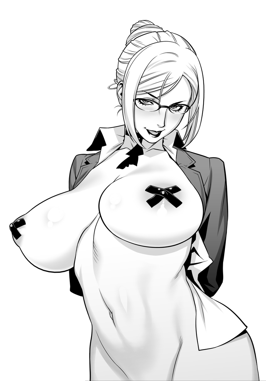 absurdres breasts glasses greyscale hair_bun highres large_breasts lipstick makeup monochrome motchie naughty_face open_clothes prison_school shiraki_meiko short_hair solo tape_on_nipples
