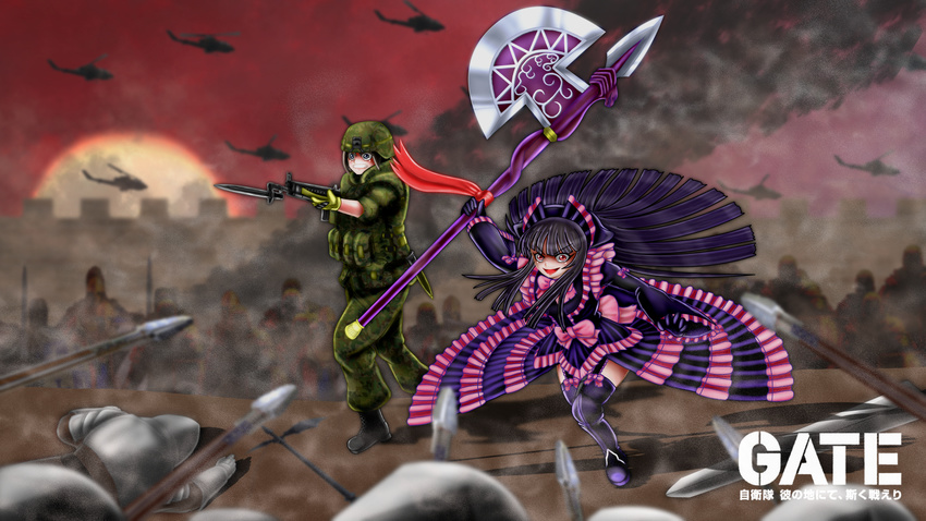 aircraft bad_id bad_pixiv_id battle battle_rifle bayonet commentary_request copyright_name gate_-_jieitai_ka_no_chi_nite_kaku_tatakaeri gun helicopter highres howa_type_64 kuribayashi_shino multiple_girls outdoors polearm rifle rory_mercury smoke spear sunset tami_(tamisan113) weapon