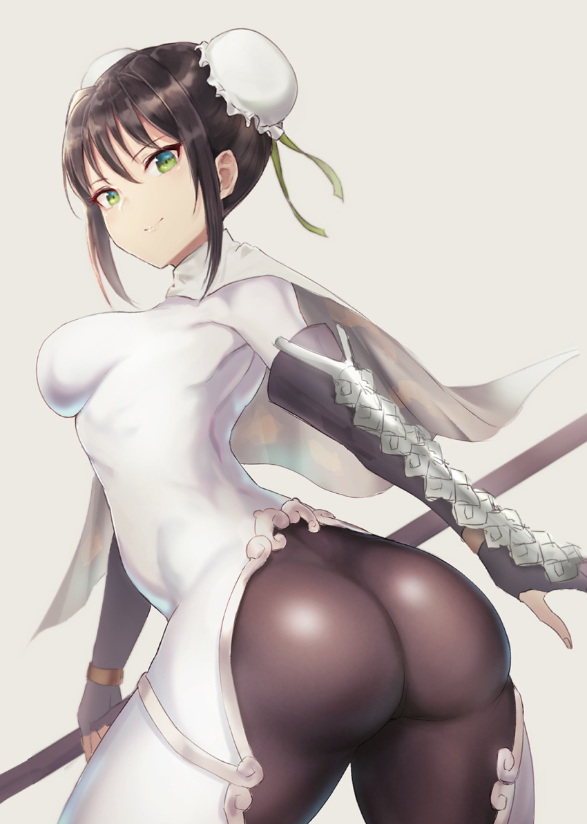 ass back bangs black_hair blush bodysuit breasts bun_cover cape chinese_clothes closed_mouth double_bun fate/grand_order fate_(series) fingerless_gloves gauntlets gloves green_eyes green_ribbon hair_between_eyes hair_ribbon highres hips hometa huge_ass looking_at_viewer looking_back medium_breasts polearm qin_liangyu_(fate) ribbon simple_background skin_tight smile solo weapon white_background