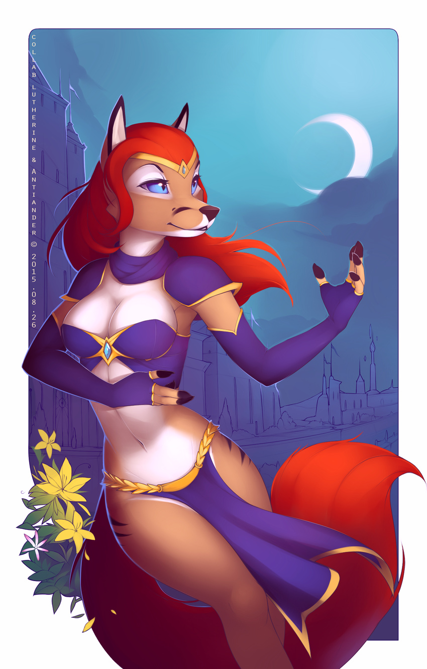 2015 anthro antiander blue_eyes canine castle clothing female flower fox gloves hair hi_res loincloth lutherine mammal moon plant red_hair solo