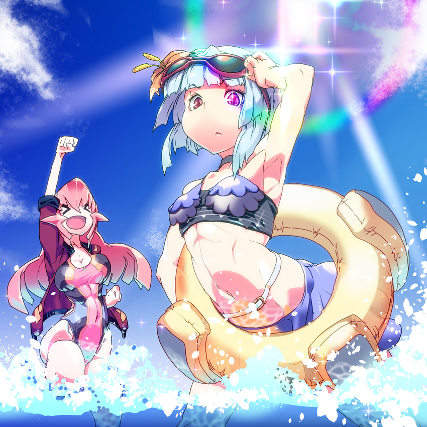 armpits blue_hair fantasy highres innertube multiple_girls original pink_hair sunglasses swimsuit t.a.k. water