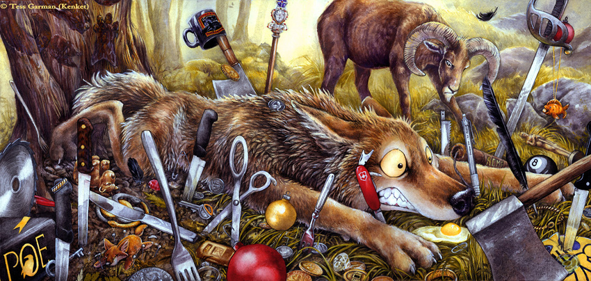 aurin axe bic_pen billard_ball book butter_knife canine caprine christmas_ornament coffee_cup coffee_mug coin coyote diamond dynamite egg eight_ball explosives feathers fork fox_plush gold_(metal) gold_bar gold_coin grass hatchet jigsaw_blade kenket key knife mammal mechanical_pencil melee_weapon nickle oscar_statue paper_clip pin ring royal_scepter ruby sabre salad_fork sawblade scissors sculpture statue steak_knife swiss_army_knife sword the_one_ring toy tree weapon