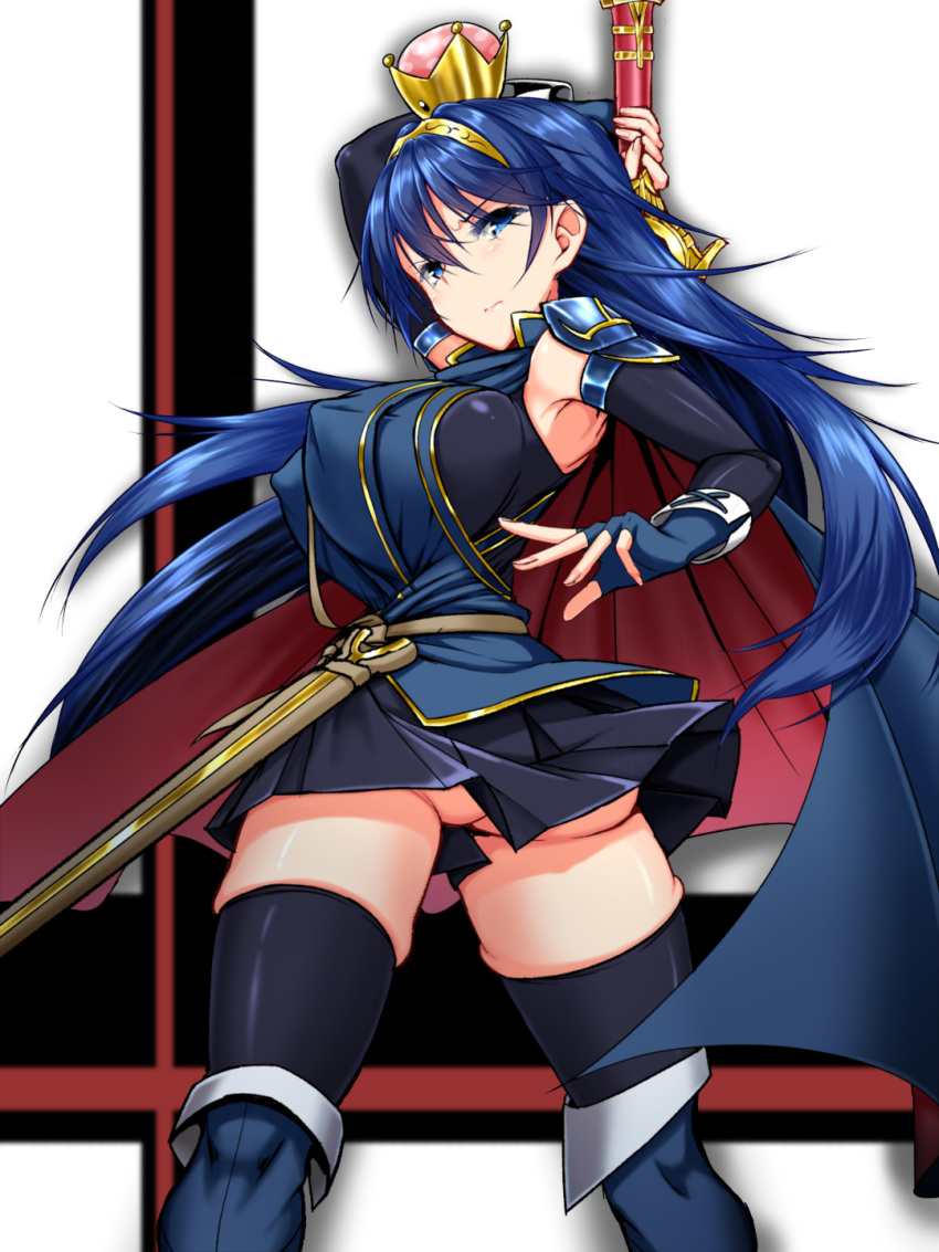 1girl alternate_breast_size arm_warmers armpits ass blue_eyes blue_footwear blue_gloves blue_hair blue_legwear boots breasts covered_nipples cowboy_shot eyebrows_visible_through_hair falchion_(fire_emblem) fingerless_gloves fire_emblem gloves gluteal_fold highres kawahagi-tei large_breasts long_hair looking_at_viewer lucina mario_(series) miniskirt new_super_mario_bros._u_deluxe nintendo no_panties pleated_skirt scabbard scowl sheath shoulder_armor skindentation skirt solo super_crown super_smash_bros. super_smash_bros._ultimate sword thigh_boots thighhighs tiara unsheathed weapon zettai_ryouiki