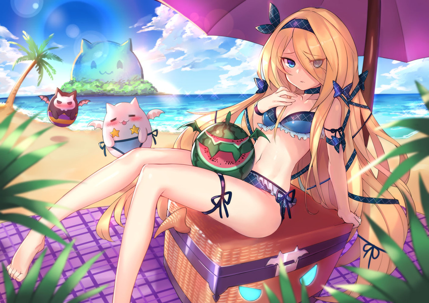 :3 barefoot beach bikini blonde_hair blue_eyes blue_sky blush bracelet chibidra cloud day food fruit hairband jewelry ocean outdoors palm_tree pandora_(p&amp;d) puzzle_&amp;_dragons shennai_misha sitting sky solo_focus swimsuit tamadra tree watermelon