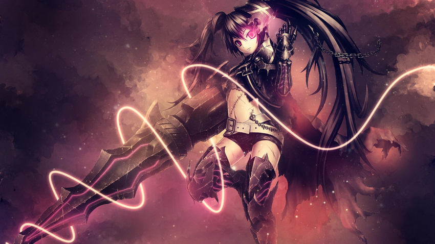 armor armored_boots black_footwear black_hair black_rock_shooter black_rock_shooter_(character) boots burning_eye chain gauntlets highres holding holding_weapon huge_weapon insane_black_rock_shooter long_hair looking_at_viewer metal_boots navel purple_eyes short_shorts shorts solo thigh_boots thighhighs twintails very_long_hair weapon