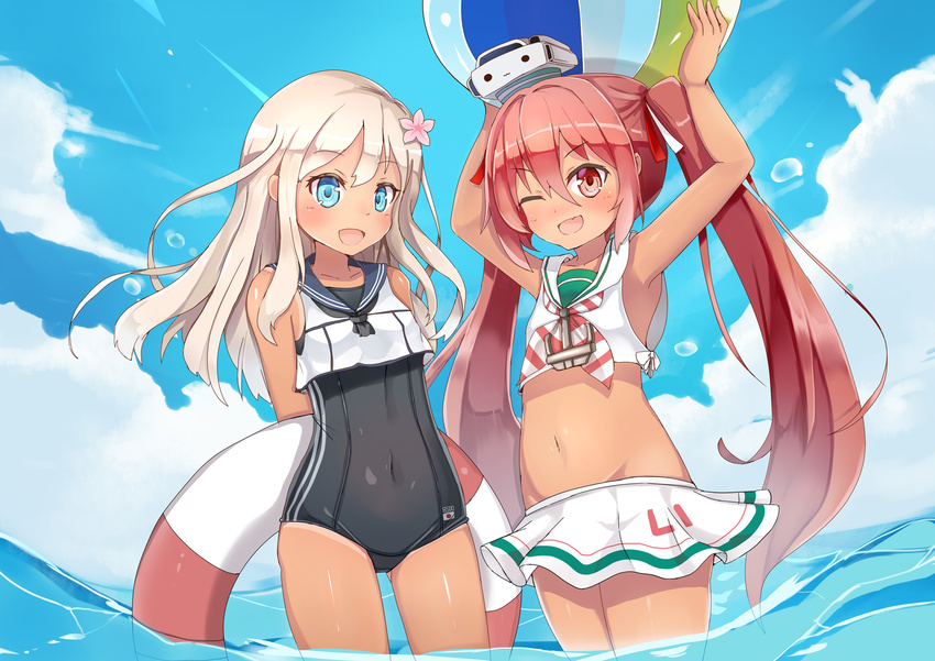 :d ;d armpits arms_behind_back arms_up ball beachball blue_eyes brown_eyes brown_hair cloud covered_navel crop_top dark_skin day flower hair_flower hair_ornament hakokon hat highres kantai_collection libeccio_(kantai_collection) lifebuoy long_hair midriff miniskirt multiple_girls navel one-piece_swimsuit one_eye_closed open_mouth outdoors ribbon ro-500_(kantai_collection) school_swimsuit skirt sky sleeveless smile swimsuit tan tanline twintails v-shaped_eyebrows wading water