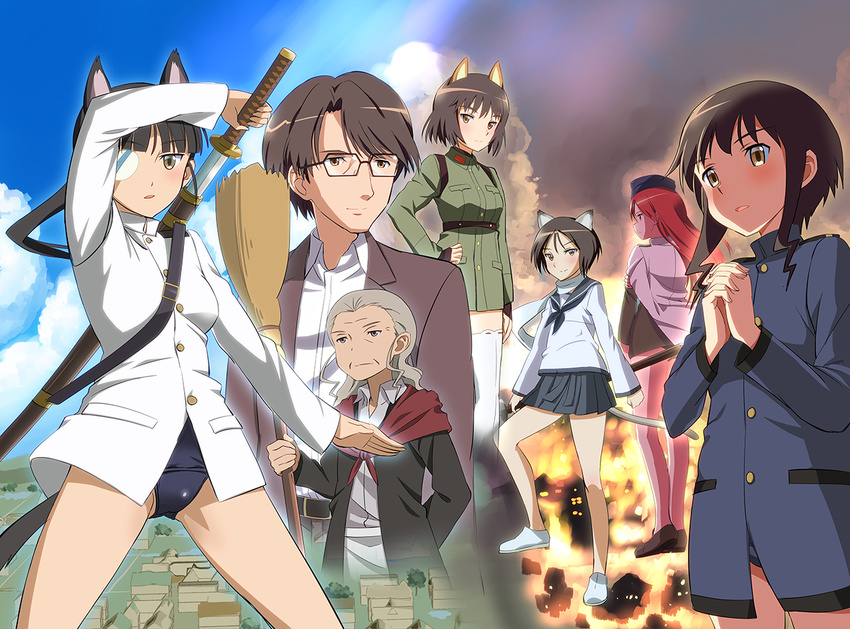 6+girls animal_ears anna_ferrara broom brown_eyes brown_hair eyepatch fire garrison_cap glasses grey_hair hands_together hat jacket_on_shoulders kaneko_(novram58) katana katou_takeko long_hair minna-dietlinde_wilcke miyafuji_ichirou multiple_girls nishizawa_yoshiko red_hair sakamoto_mio scarf short_hair strike_witches swimsuit swimsuit_under_clothes sword tail takei_junko uniform weapon world_witches_series