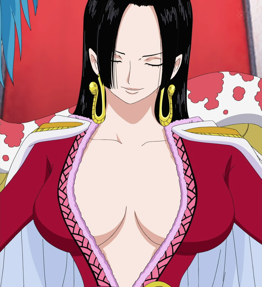 amazon amazon_lily black_hair boa_hancock breasts earrings eyes_closed female gradient gradient_background jewelry one_piece screencap solo stitched upper_body